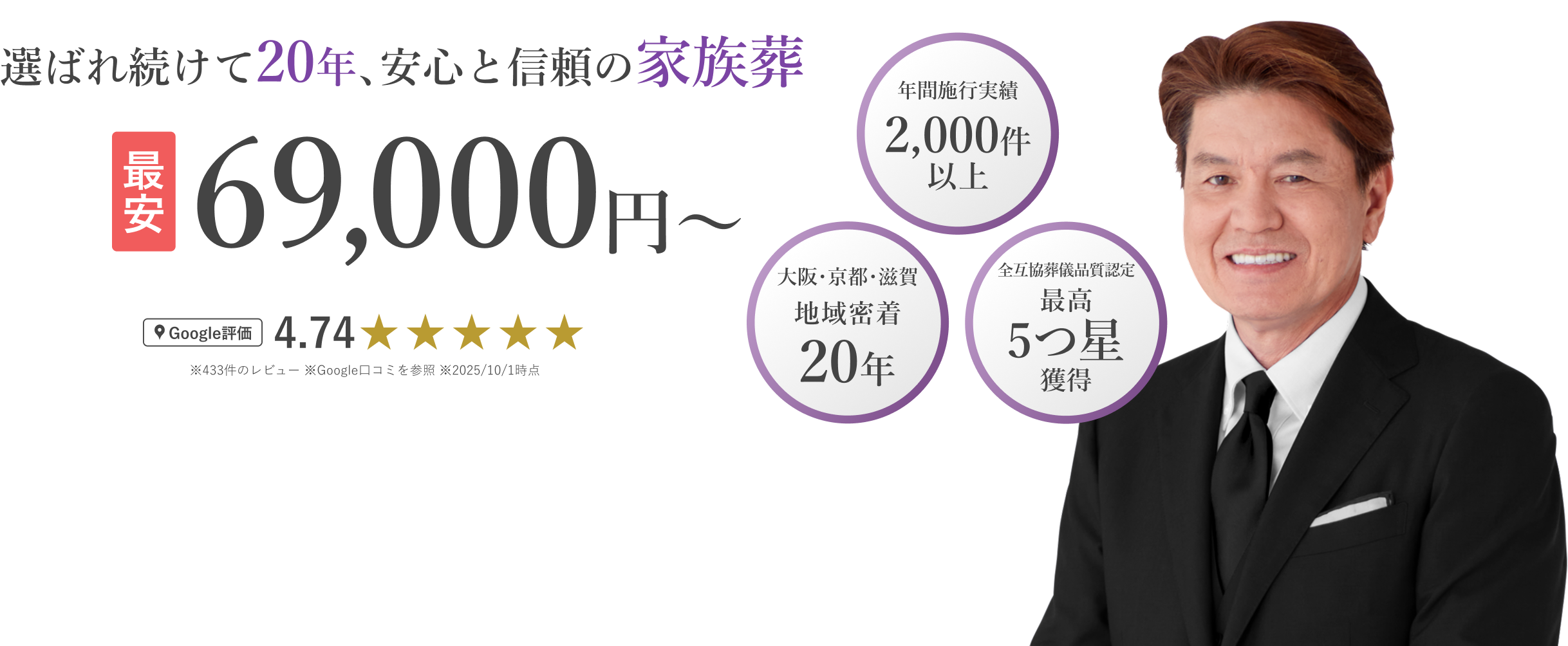 選ばれ続けて20年、 安心と信頼の家族葬 最安69,000円~ Google評価 4.74 ※433件のレビュー※Google口コミを参照※2025/10/1時点 年間施行実績 2,000件 以上 大阪·京都·滋賀 地域密着20年 全互協葬儀品質認定 最高 5つ星 獲得